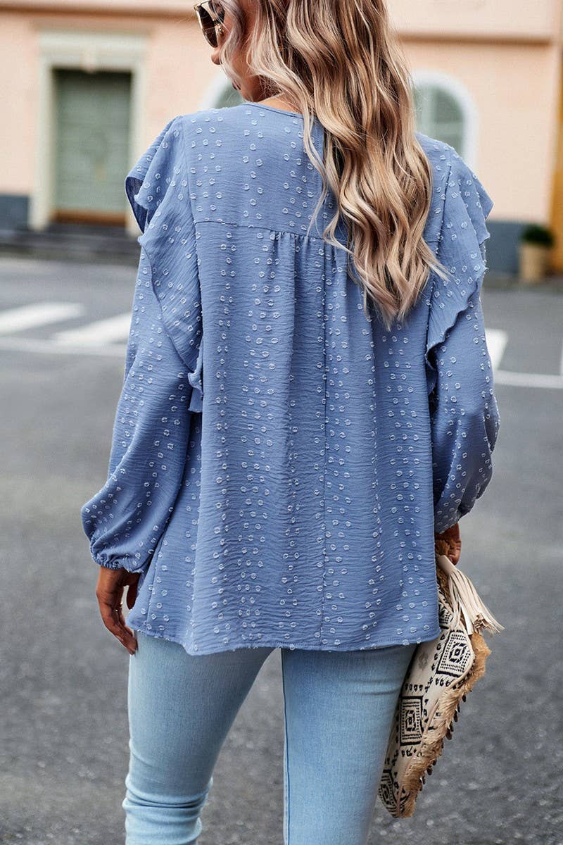 CWTBLL0390_Round neck Long Sleeve Ruffle Detailed Blouse