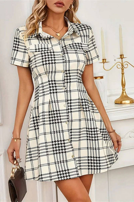 CWDSD7655_SPRING AND SUMMER HOUNDSTOOTH SHORT SHIRT DRESS