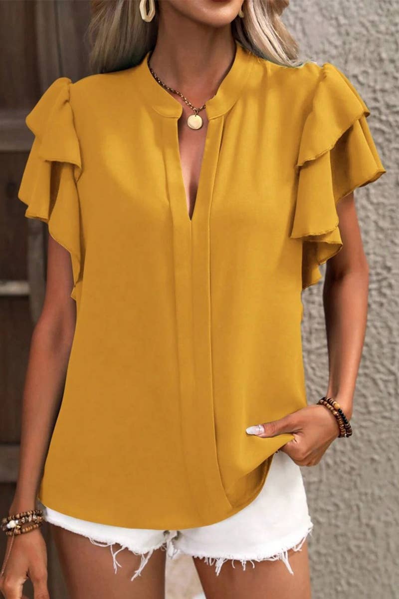 CWTSTS0666_SUMMER V-NECK CASUAL RUFFLE SLEEVE SHIRT