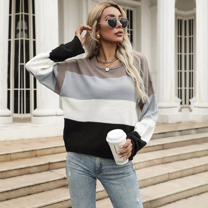 CASUAL CREW NECK STRIPED PATCHWORK KNITWEAR