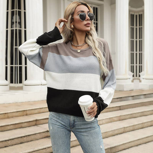 CASUAL CREW NECK STRIPED PATCHWORK KNITWEAR