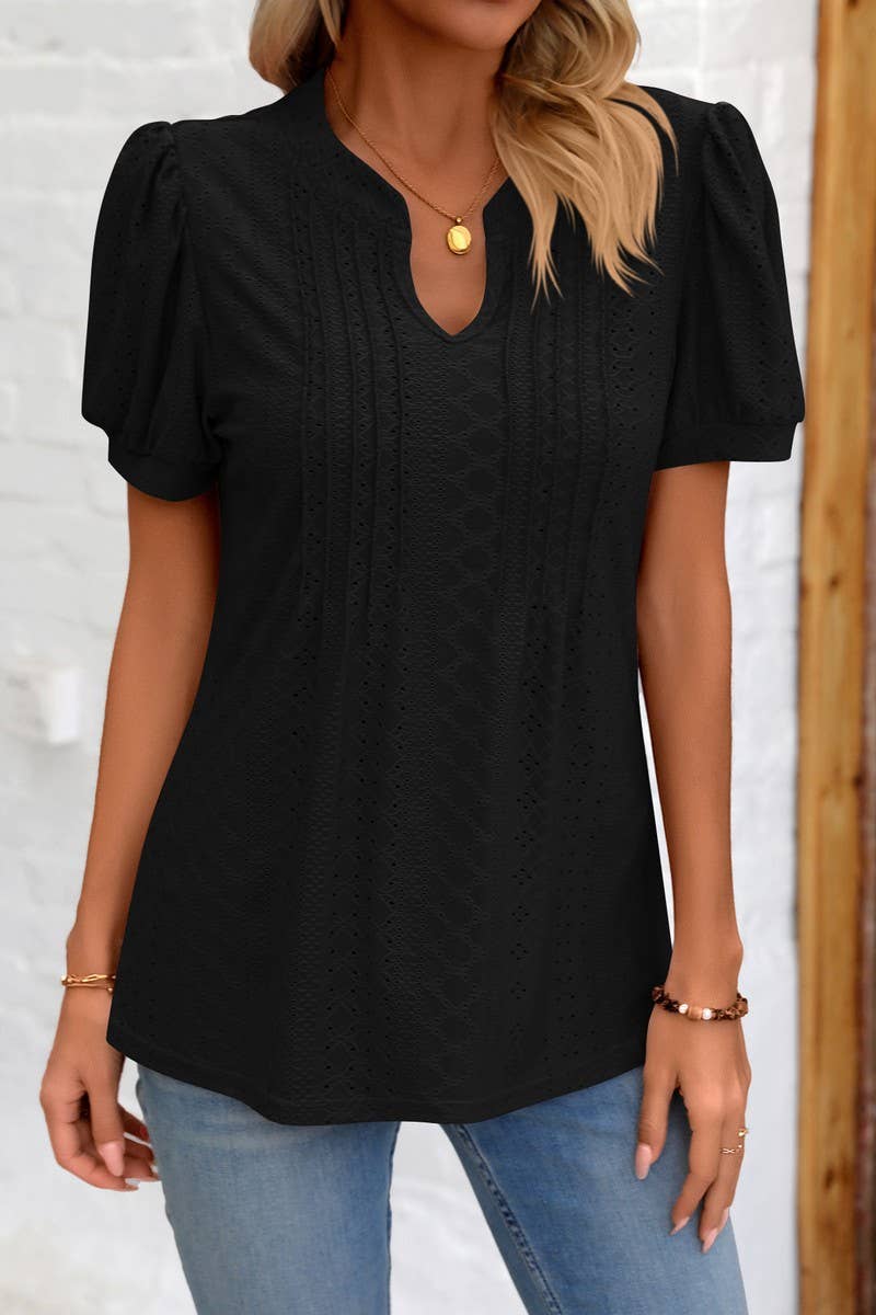 CWTBLS0794_SOLID COLOR V NECK LOOSE SHORT SLEEVED TOP