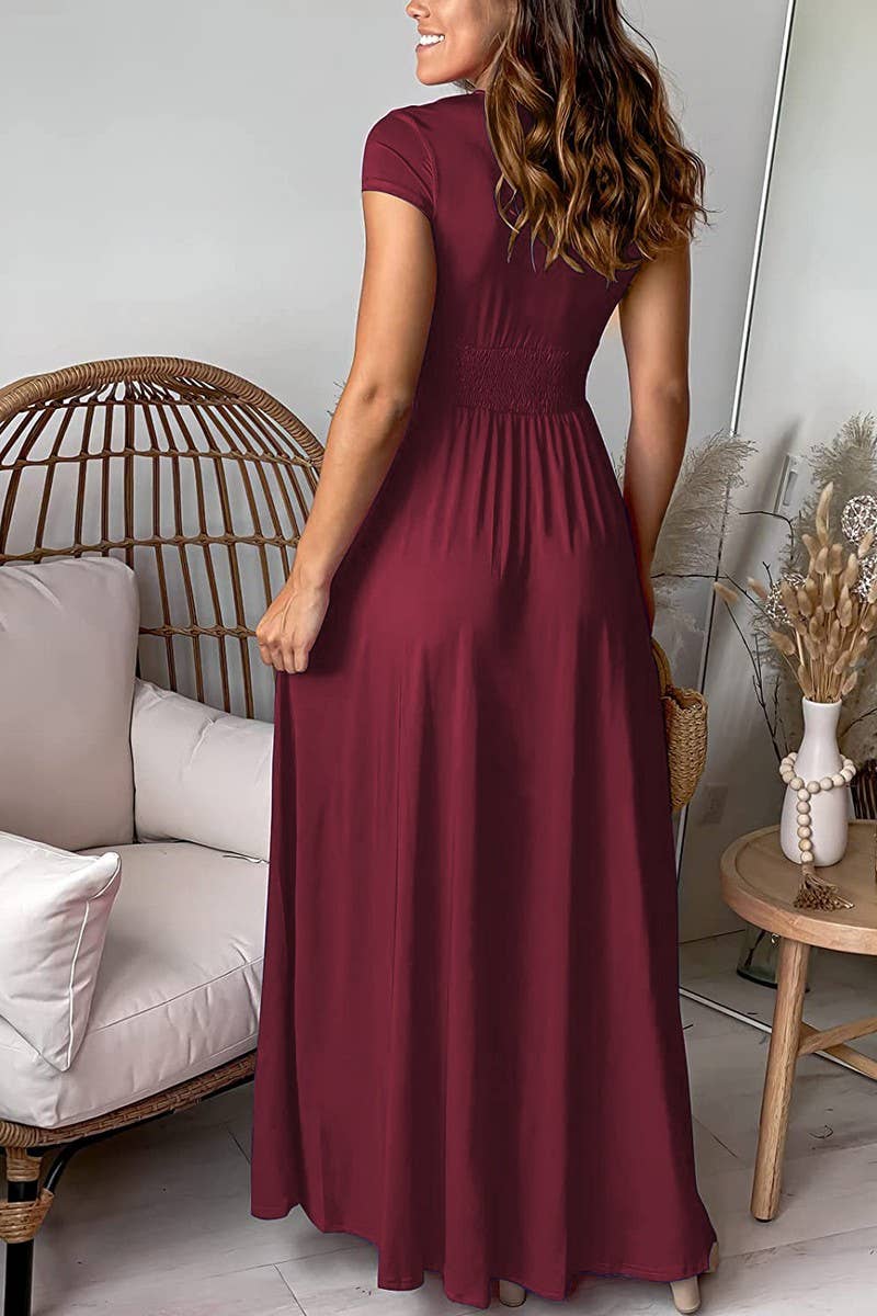 CWDMD5878_DEEP V NECK RUCHED SPLIT SHORT SLEEVE DRESS