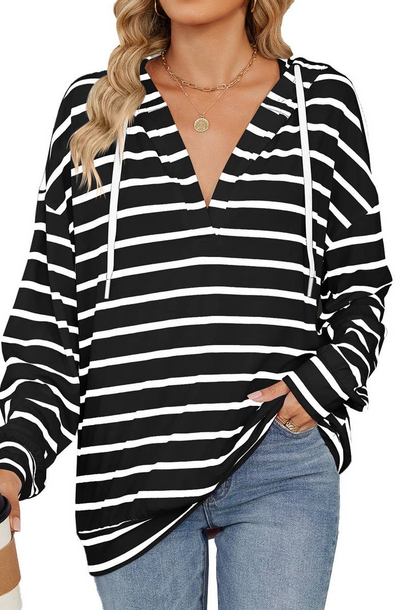 CWOHOL0718_DRAWSTRING HOODED STRIPED LONG SLEEVE SWEATSHIRT