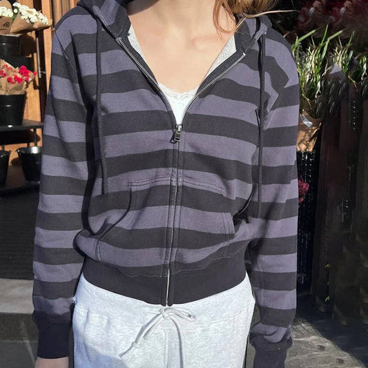 BASIC ZIPPER STRIPED COLOR CONTRAST CASUAL HOODIE