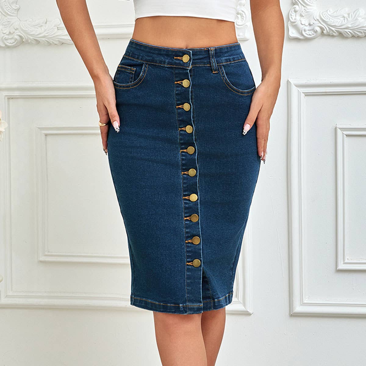 A one-piece front button-up hip skirt