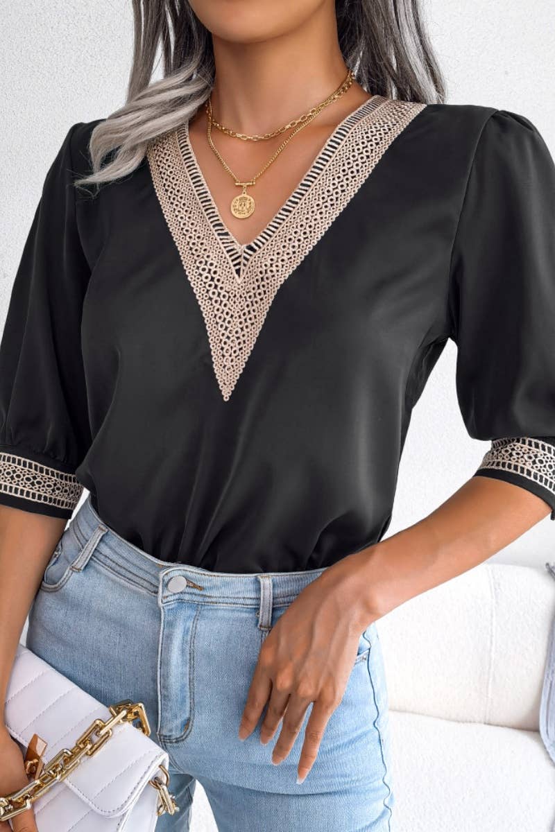 CWTBLS1064_SUMMER LACE V-NECK MID-SLEEVED CHIFFON TOP