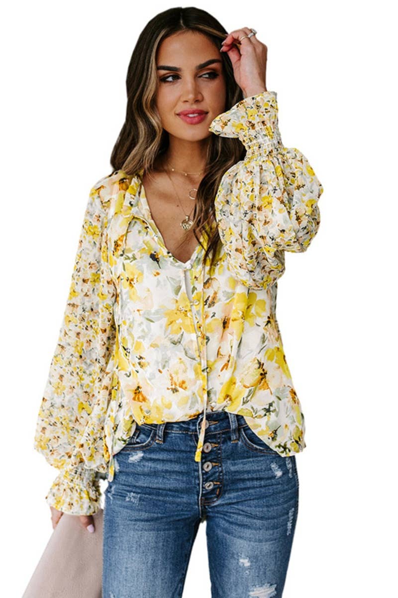 CWTBLL1151_FLORAL CHIFFON LONG SLEEVE V-NECK SHIRT TOP