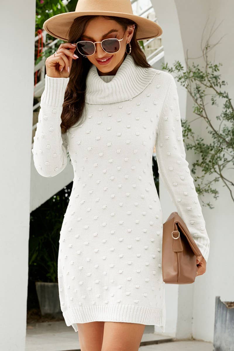 CWDSD5246_SOLID COLOR LONG HIGH COLLAR KNITTED SWEATER DRESS