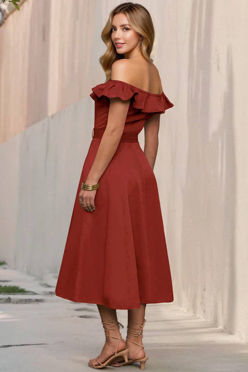 CWDMD6200_VINTAGE OFF SHOULDER RUFFLE BELTED A-LINE DRESS