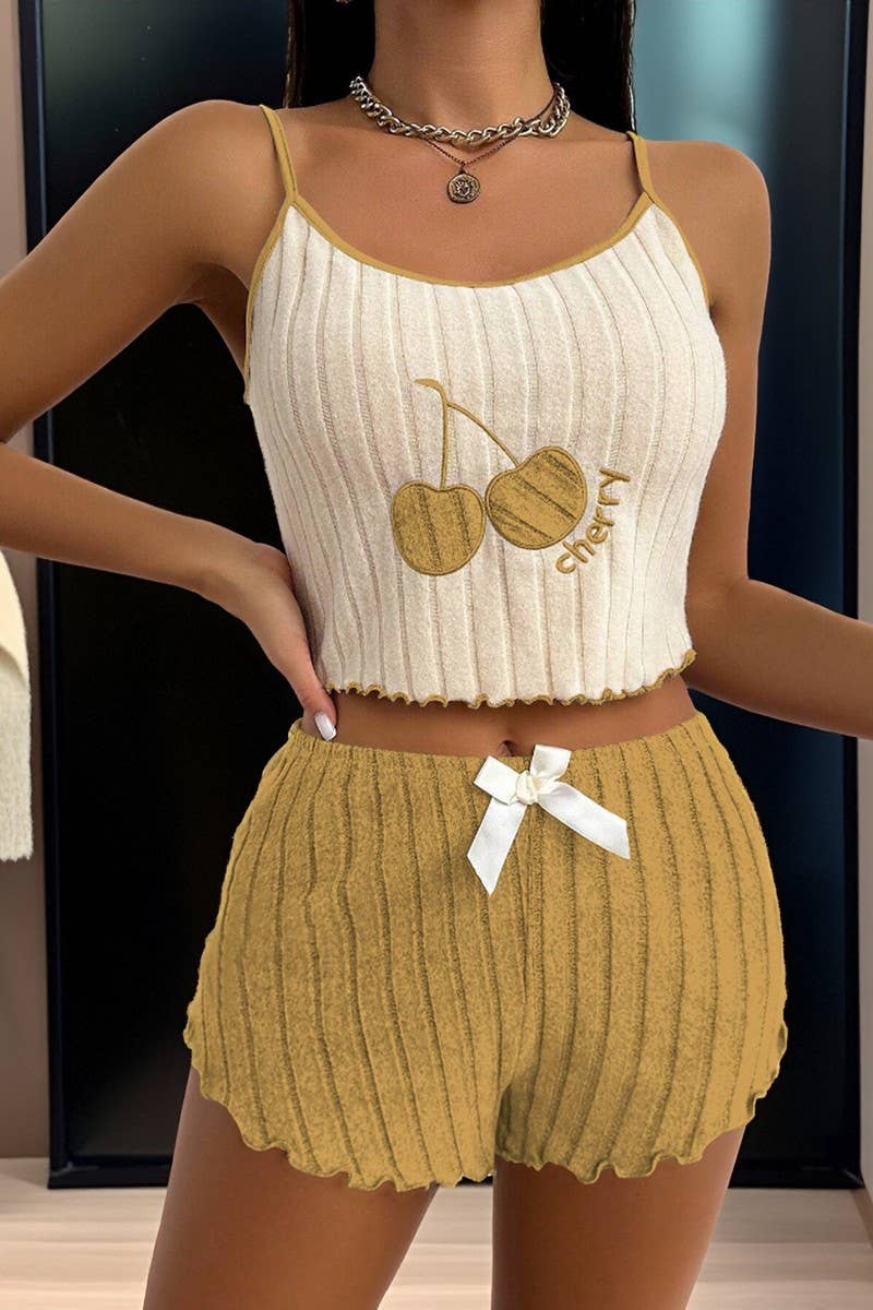 CWSPJ00469_EMBROIDERED FLANNEL CAMI PAJAMA SHORTS SET