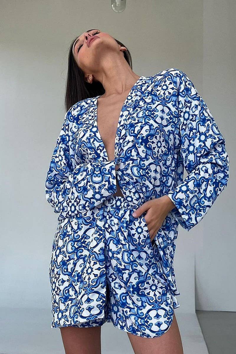 CWSPJ0365_PRINTED LOOSE LONG-SLEEVED SHORTS PAJAMA SET