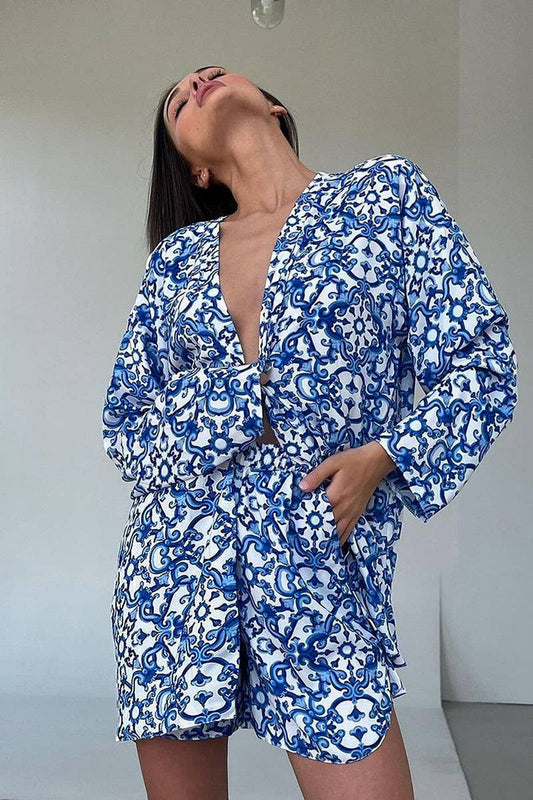 CWSPJ0365_PRINTED LOOSE LONG-SLEEVED SHORTS PAJAMA SET