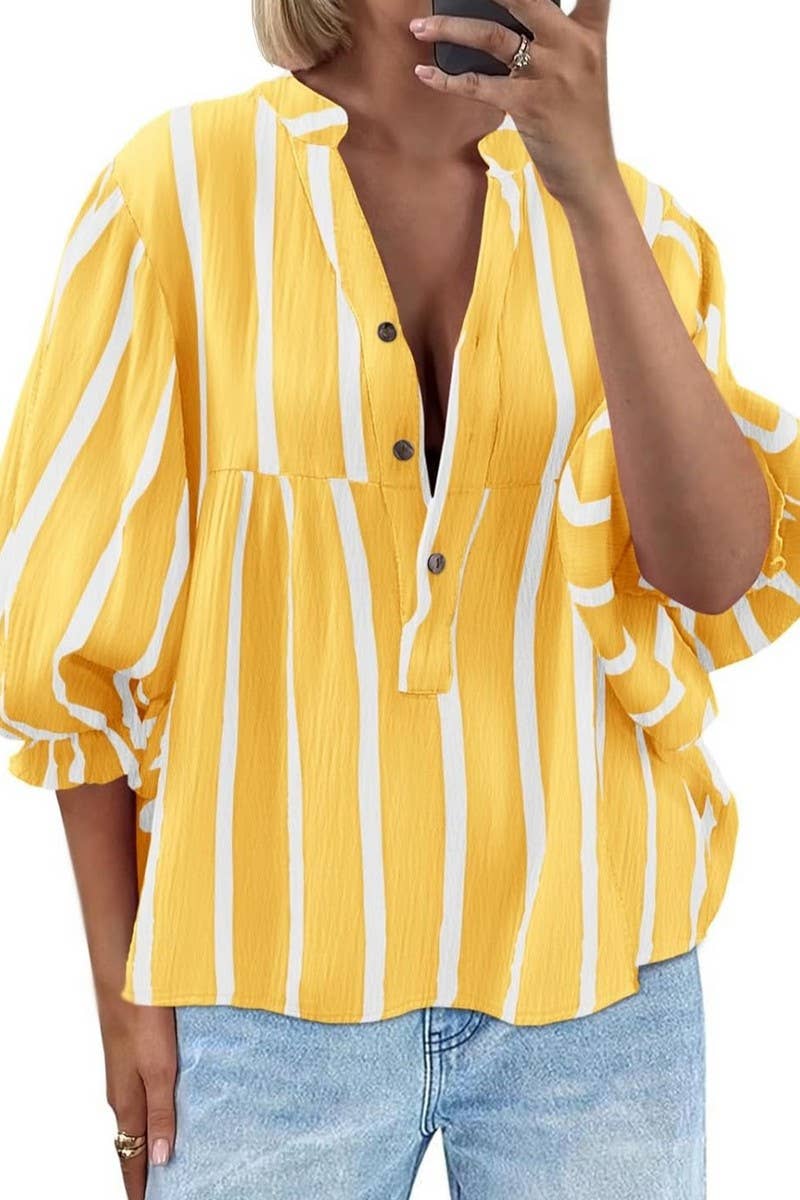 CWTBLL01203_2025 SUMMER FALL STRIPED PUFF SLEEVE BLOUSE