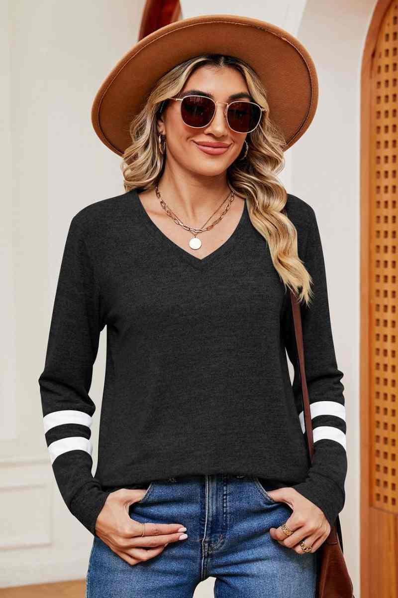 CWOSWL6552_V-NECK LONG SLEEVE STRIPED COLOR MATCHING TOP