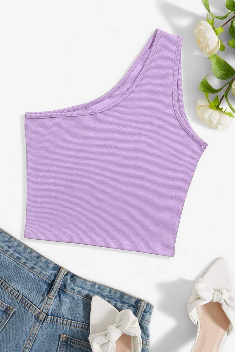 CWTTK0815_RIBBED HOLLOW ONE-SHOULDER SLEEVELESS VEST