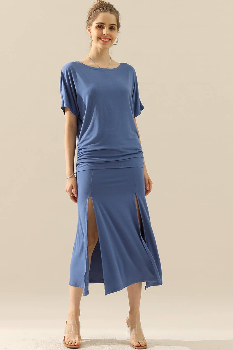 CWBLS120_HIGH WAIST SHIRRED FLOUNCE MAXI SKIRTS WITH SLIT