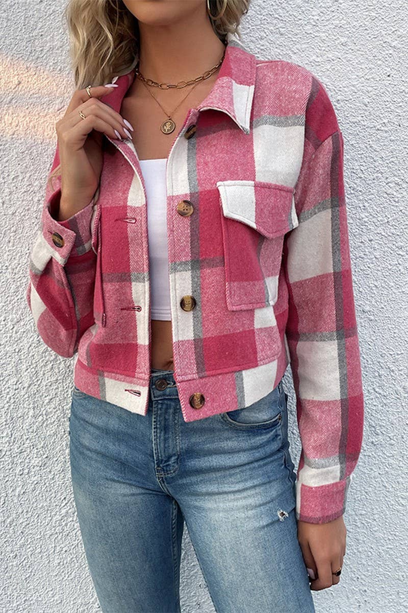 CWOJA0824_CROPPED PLAID CARDIGAN LAPEL JACKET