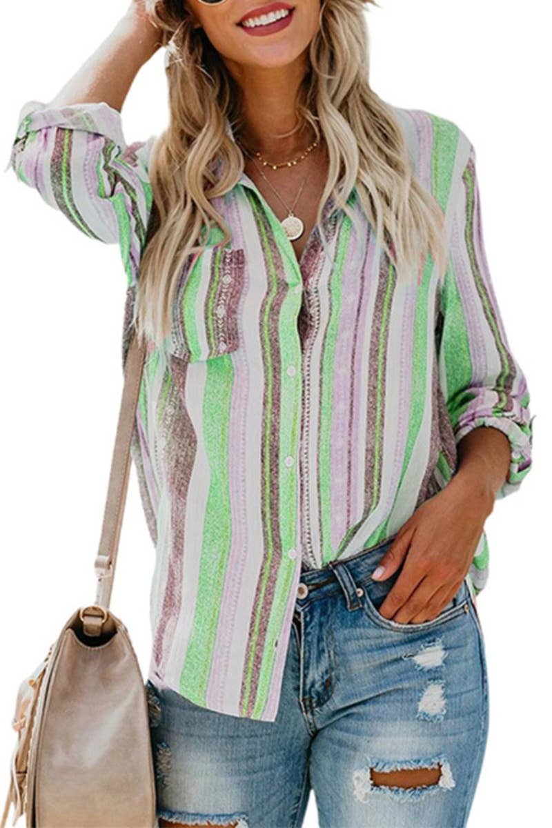 CWTSTL2350_STRIPED LAPEL LONG SLEEVE LOOSE SHIRT TOP