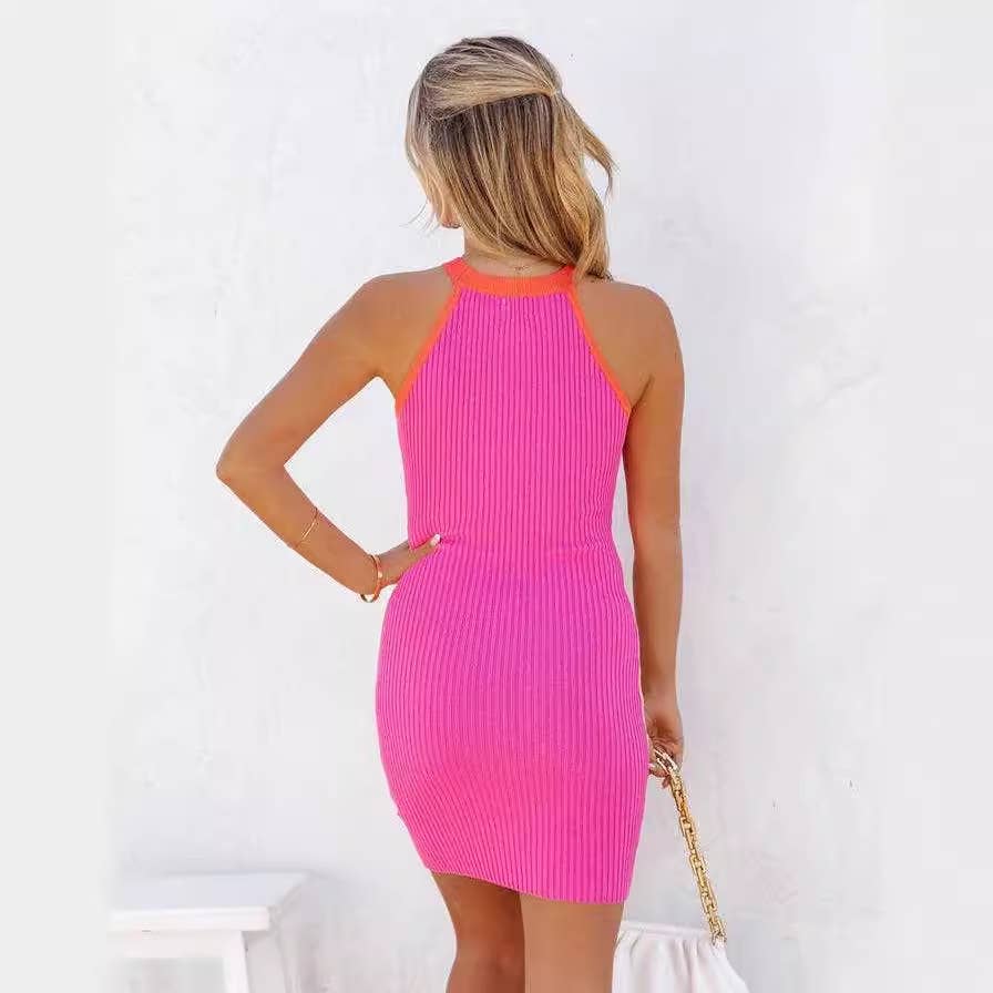 COLOR MATCHING SLEEVELESS WRAP HIP STRETCH DRESS