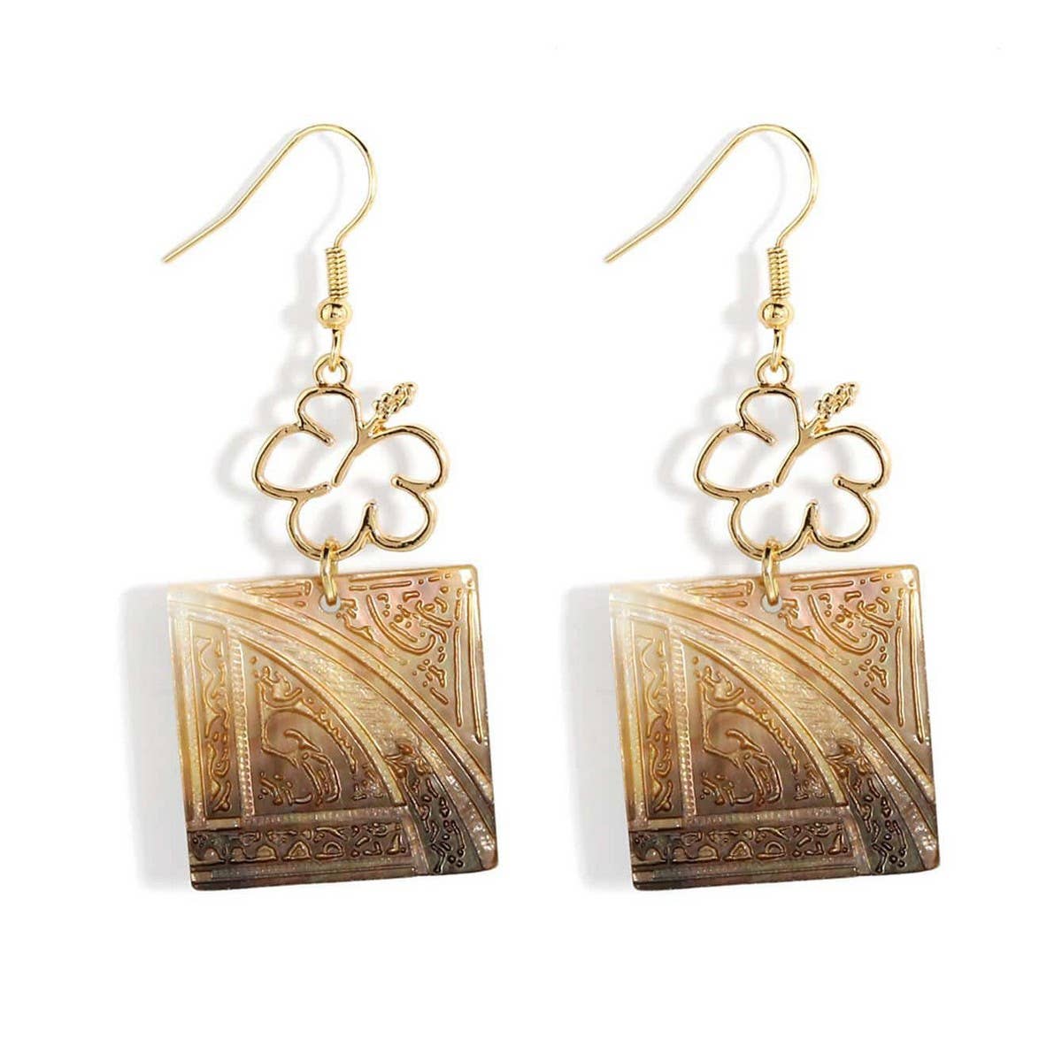 FASHION SQUARE CARVED NATURAL BLACK SHELL EARRINGS_CWMM4362
