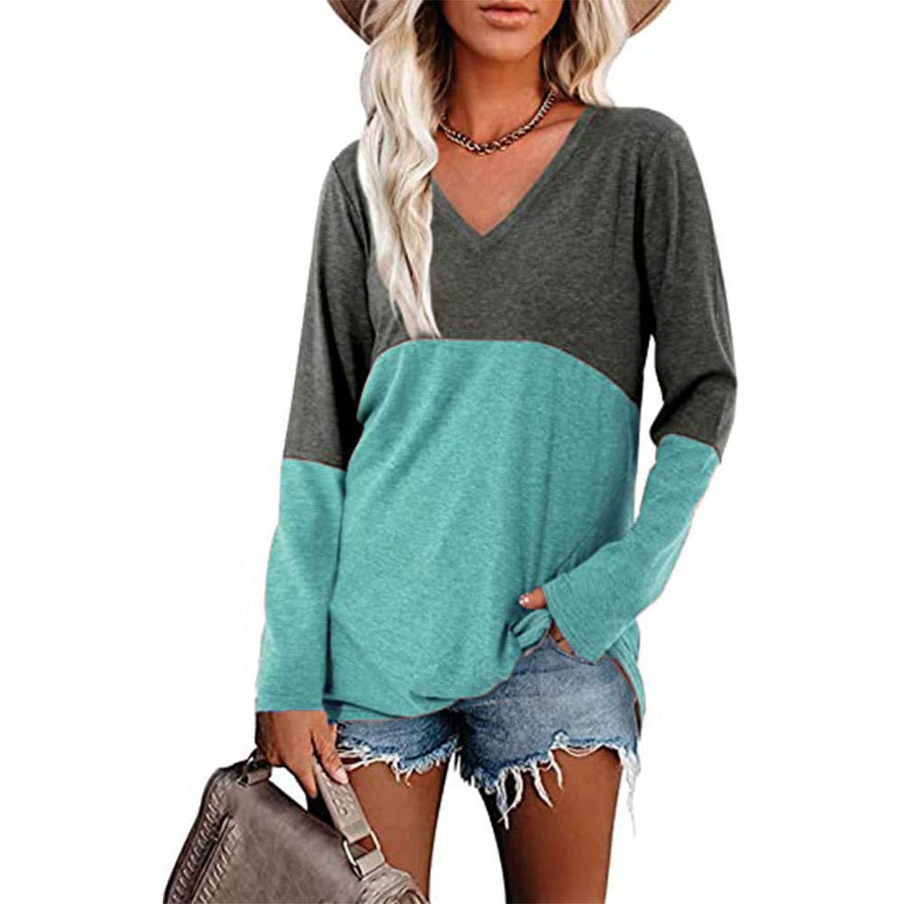 Color contrast patchwork V-neck long sleeve Tshirt