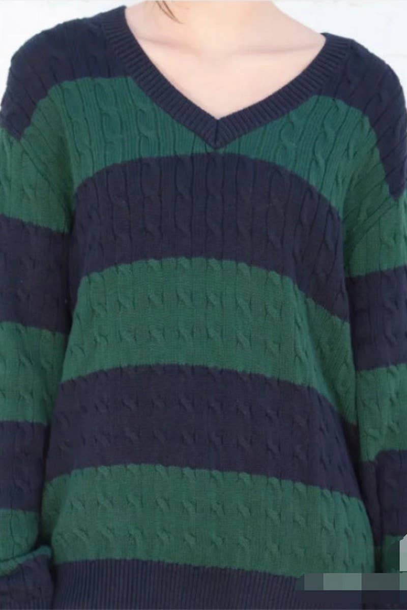 CWOSWL5744_V-NECK STRIPED CONTRAST CHUNKY KNIT SWEATER