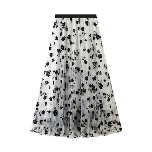 Flocked Tulle Pleated Slim Fit Midi Skirt