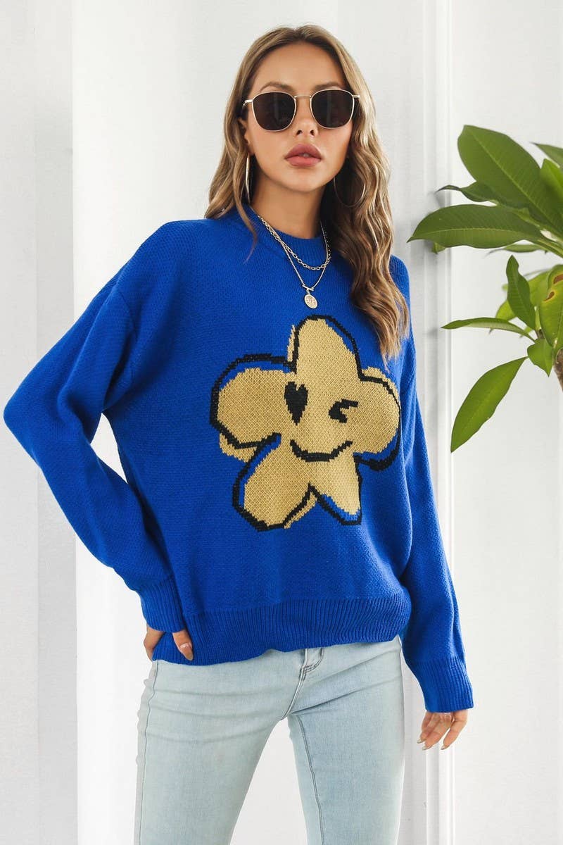 CWOSWL4070_FLOWER SMILEY FACE JACQUARD KNIT SWEATER