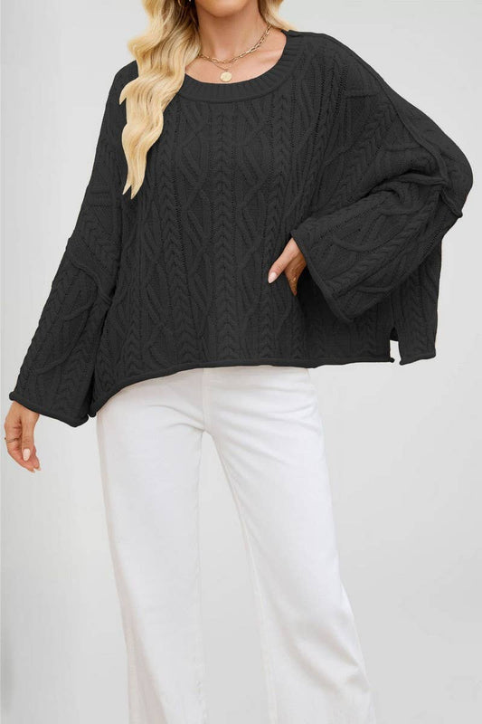 CWOSWL7016_ROUND NECK SHORT CABLE KNIT LOOSE SWEATER