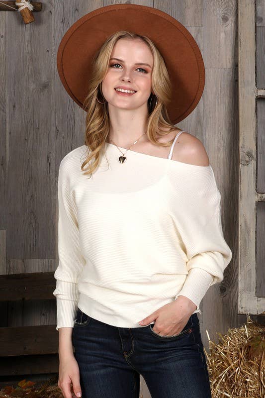 CWOSWL1835_SOFT ONE SIDE OFF SHOULDER SWEATER RIB TOP