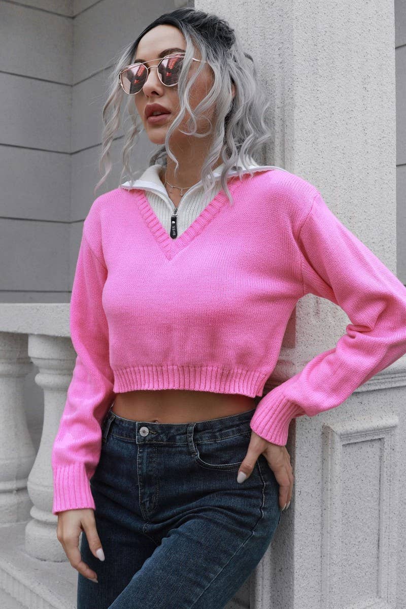 CWOSWL6858_ZIPPERED LAPEL COLORBLOCK CROPPED SWEATER