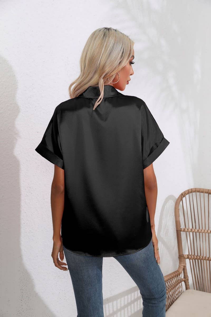 CWTBLS0406_Button Down Silky Satin Short Sleeve Top
