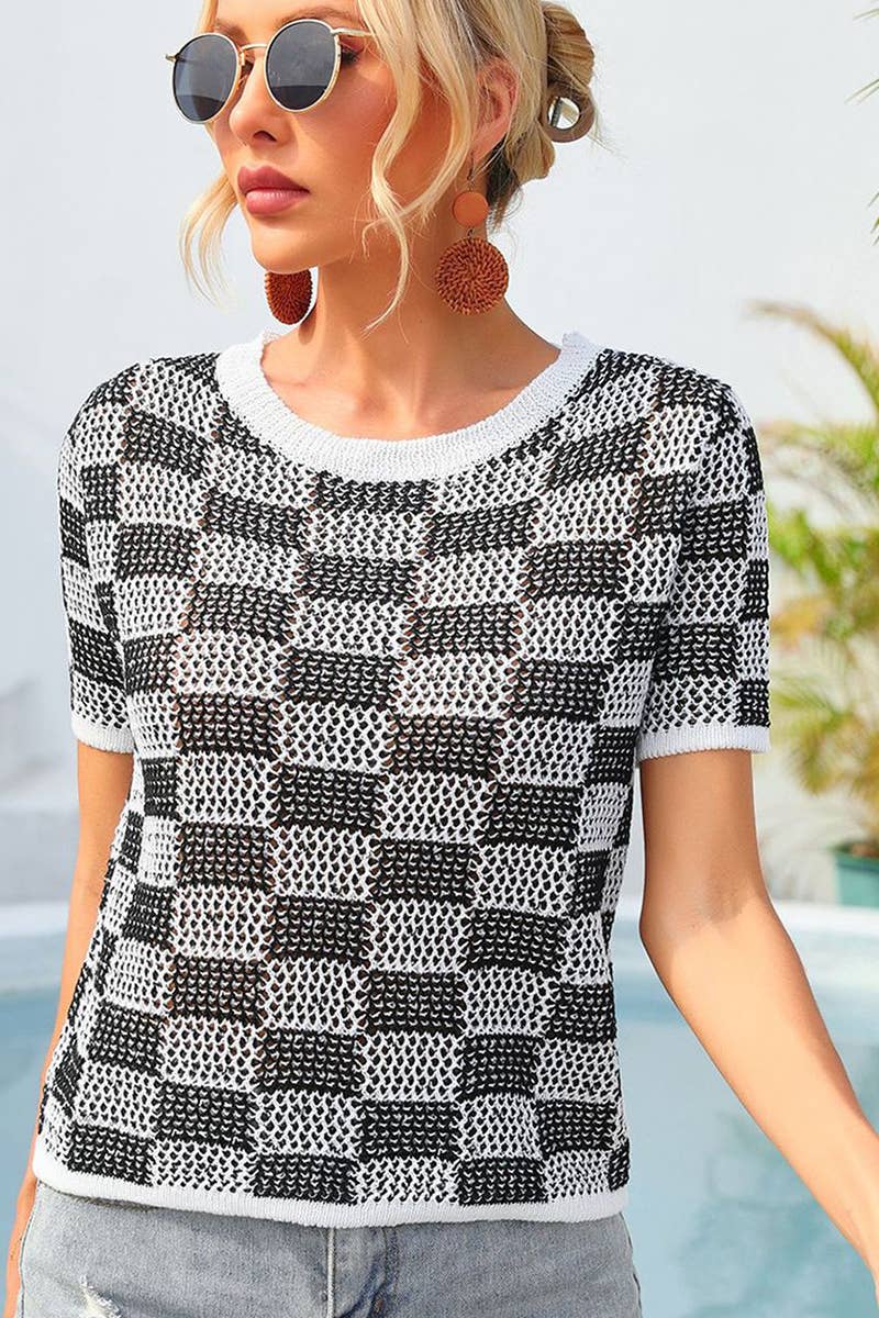 CWTBLS1750_SUMMER PLAID HOLIDAY CASUAL CREW NECK SHIRT