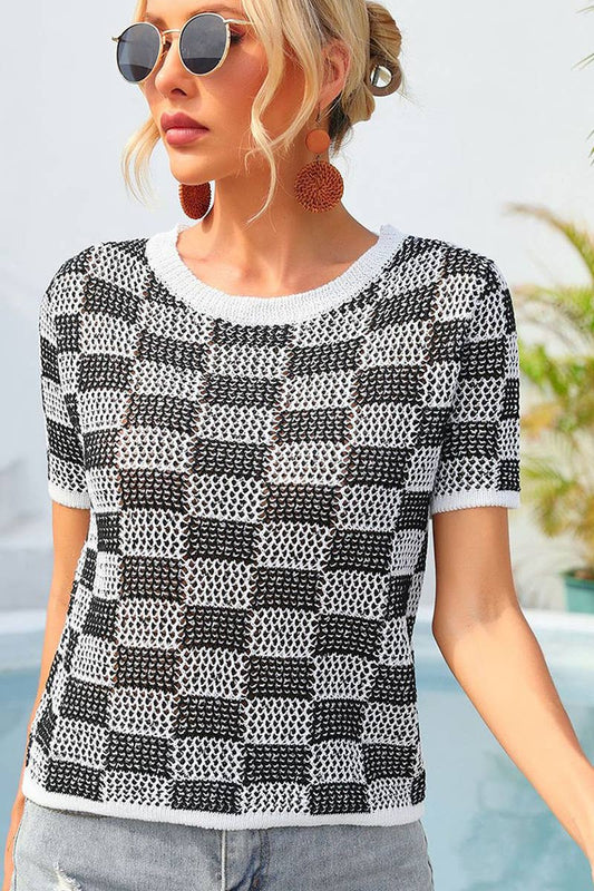 CWTBLS1750_SUMMER PLAID HOLIDAY CASUAL CREW NECK SHIRT