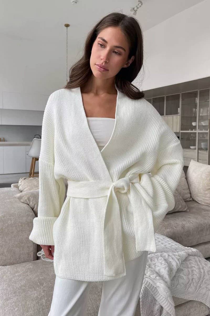 CWOCAL2240_SOLID COLOR LACE-UP LOOSE ROBE KNITTED CARDIGAN