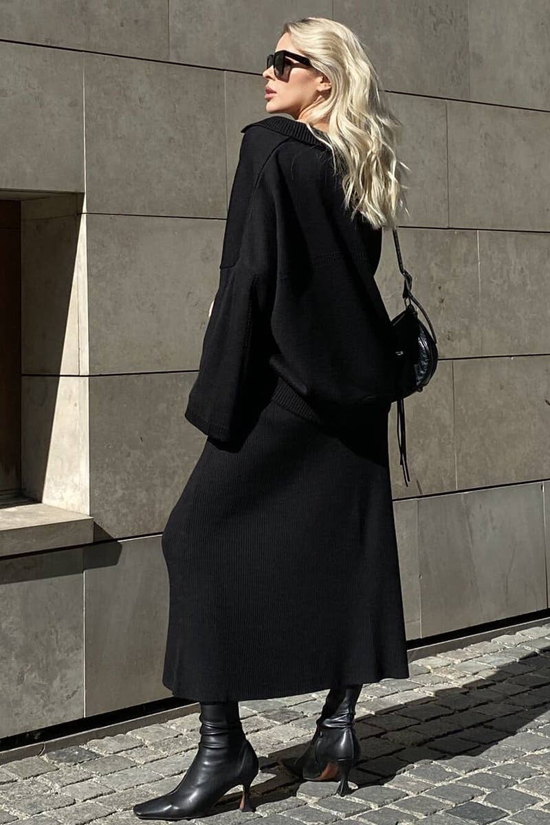 CWSS0750_KNITTED V-NECK LONG SLEEVE SWEATER SKIRT SET