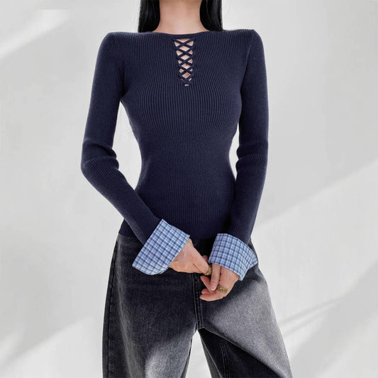 CONTRASTING PLAID PATCHWORK LONG-SLEEVED KNITWEAR