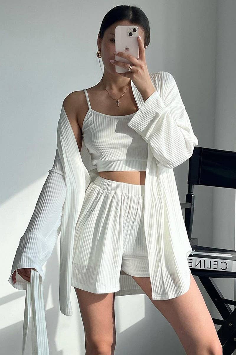 CWSPJ0402_KNITTED LONG SLEEVE SUSPENDER SHORTS PAJAMA SET