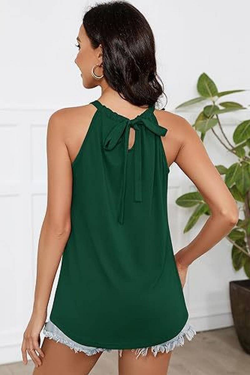 CWTBLSL0909_CASUAL SOLID RUCHED TIE NECK SLEEVELESS TOP