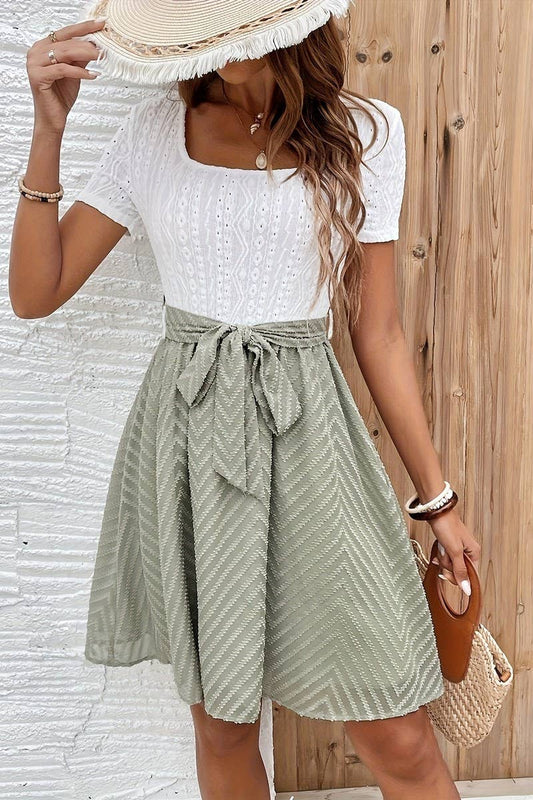 CWDSD8765_SUMMER SQUARE NECK PATCHWORK SLIM DRESS