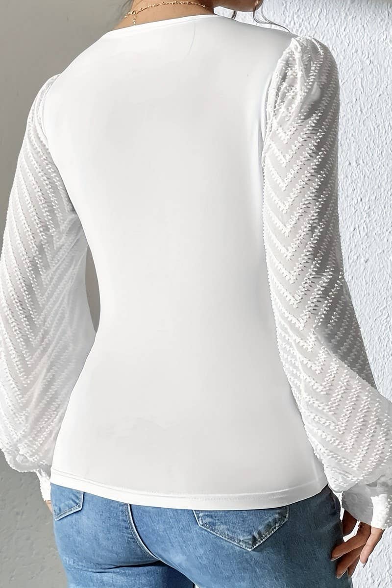 CWTBLL3494_SOLID COLOR DEEP V CHIFFON STITCHING KNITTED TOP