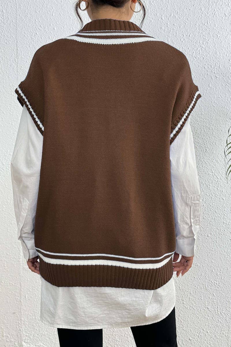 CWTSTL00989_WOMEN V NECK COLOR BLOCK STRIPED KNIT VEST