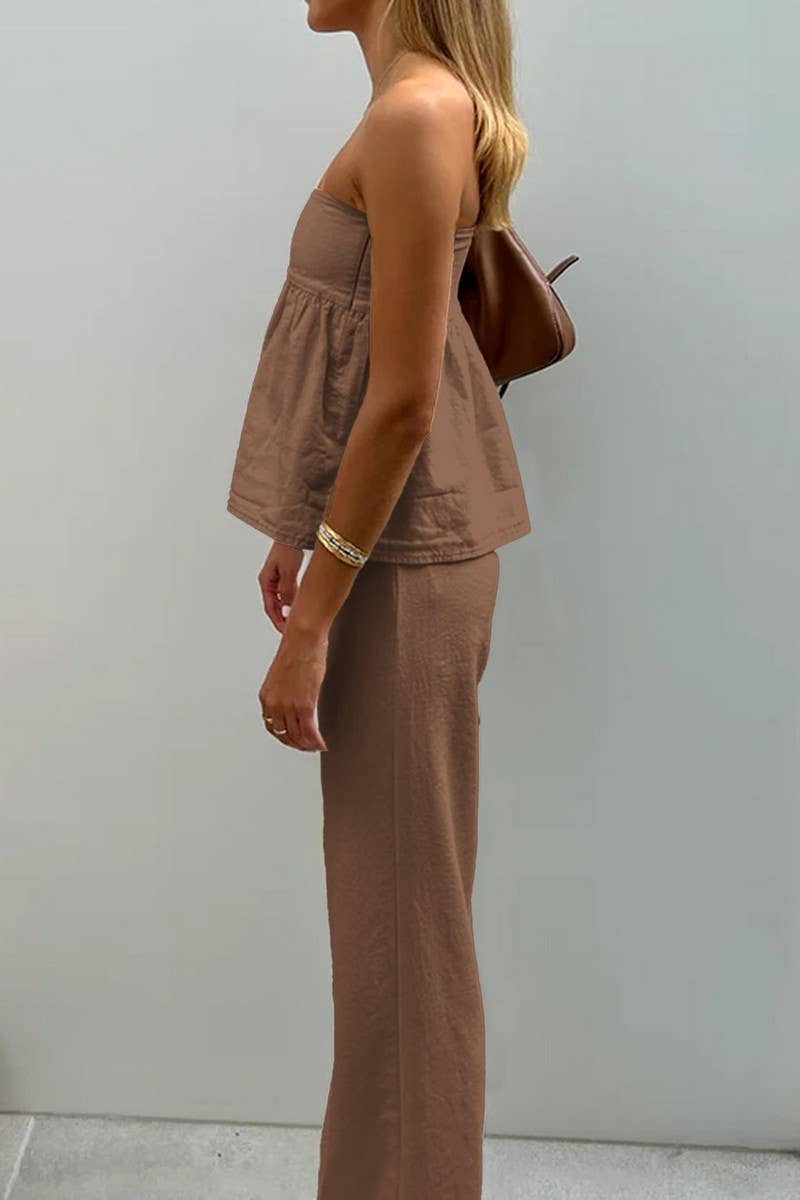 CWSTB00446_CASUAL STRAPLESS TOP AND STRAIGHT PANTS SET