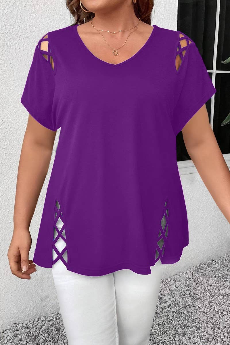 CWTBLS2188_SOLID V-NECK CRISSCROSS SHORT SLEEVE T-SHIRT