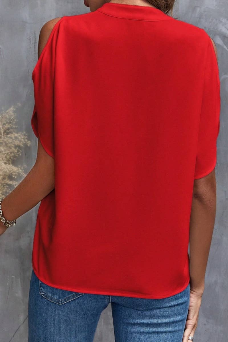 CWTBLS1124_SUMMER V-NECK OFF-THE-SHOULDER SHORT-SLEEVED TOP