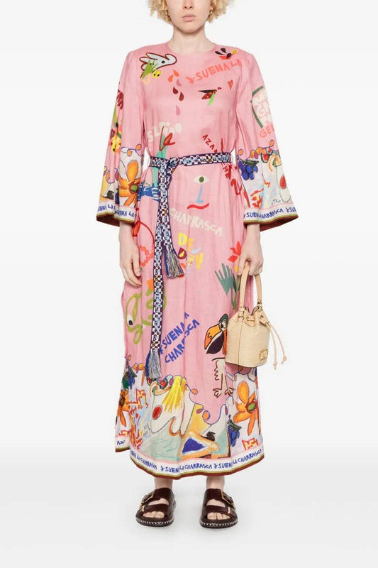CWDMD5742_ABSTRACT ART PRINT TIE WAIST DRESS