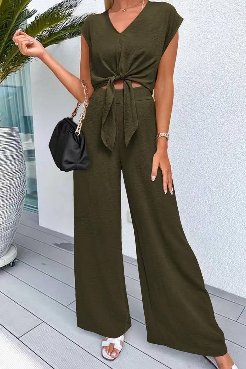 CWSS1217_V-NECK TIE CROP TOP HIGH WAIST SLIM WIDE LEG PANTS