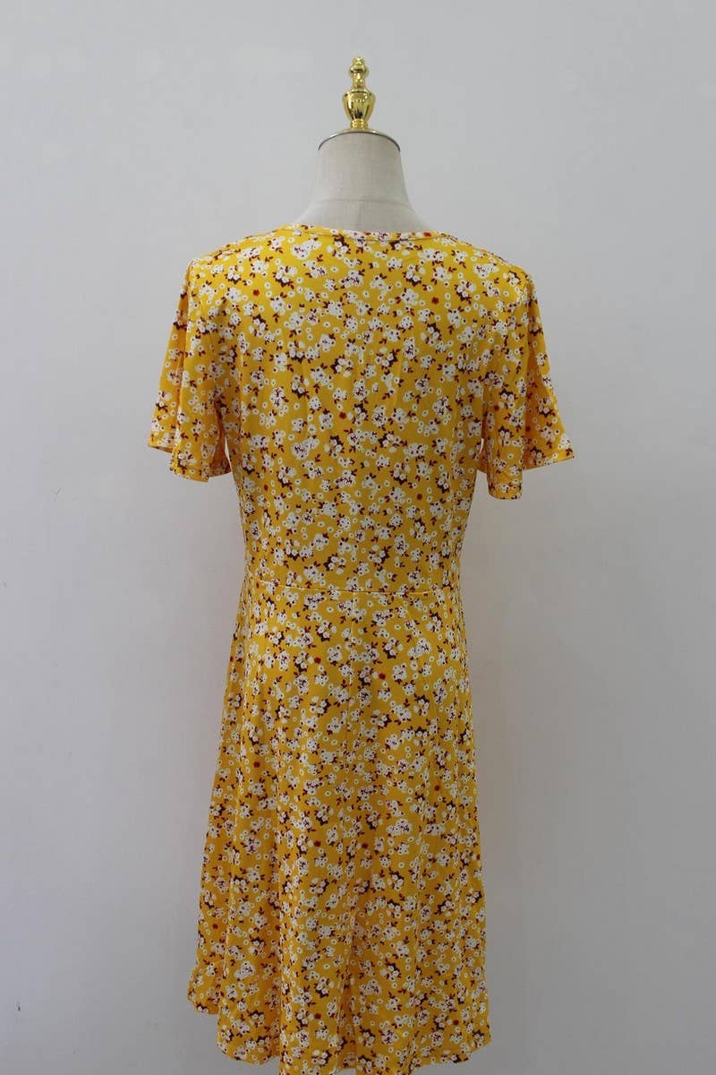 CWDSD10623_SUMMER FLORAL SHORT SLEEVE V-NECK A-LINE DRESS