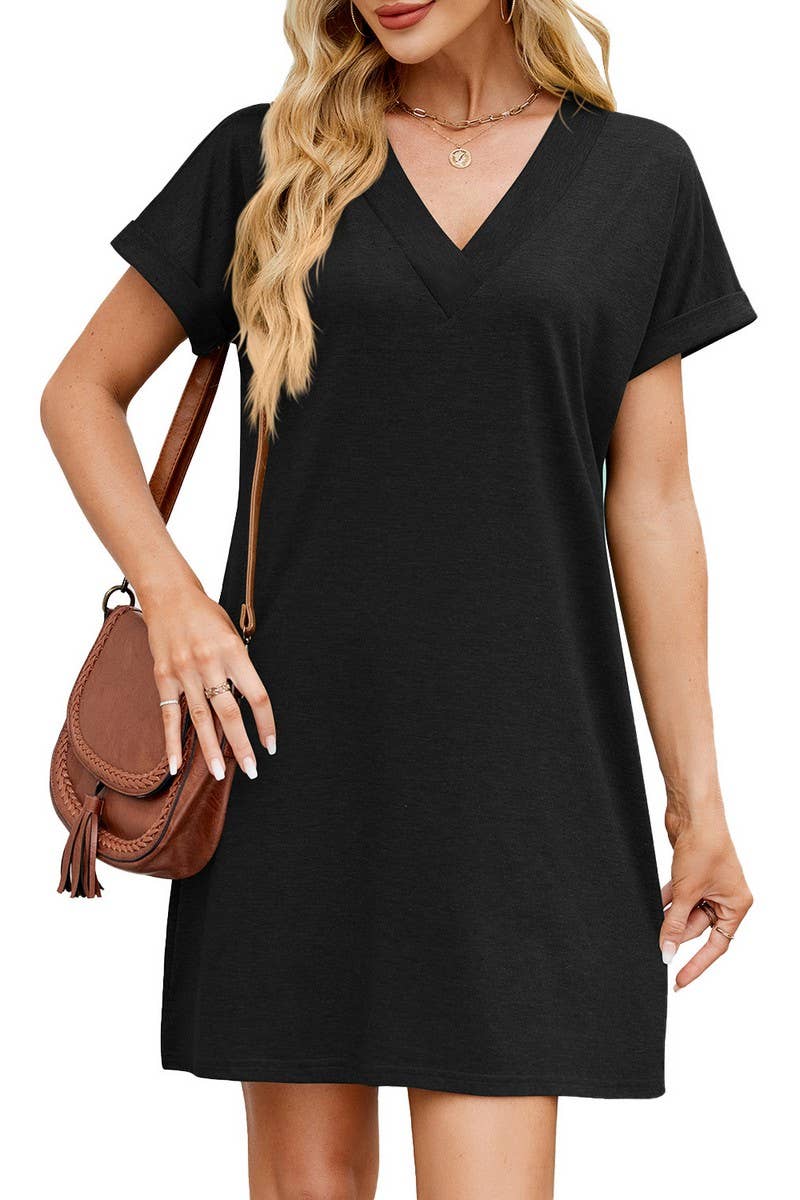 CWDSD8715_V-NECK COLORBLOCK SHORT SLEEVE CASUAL DRESS